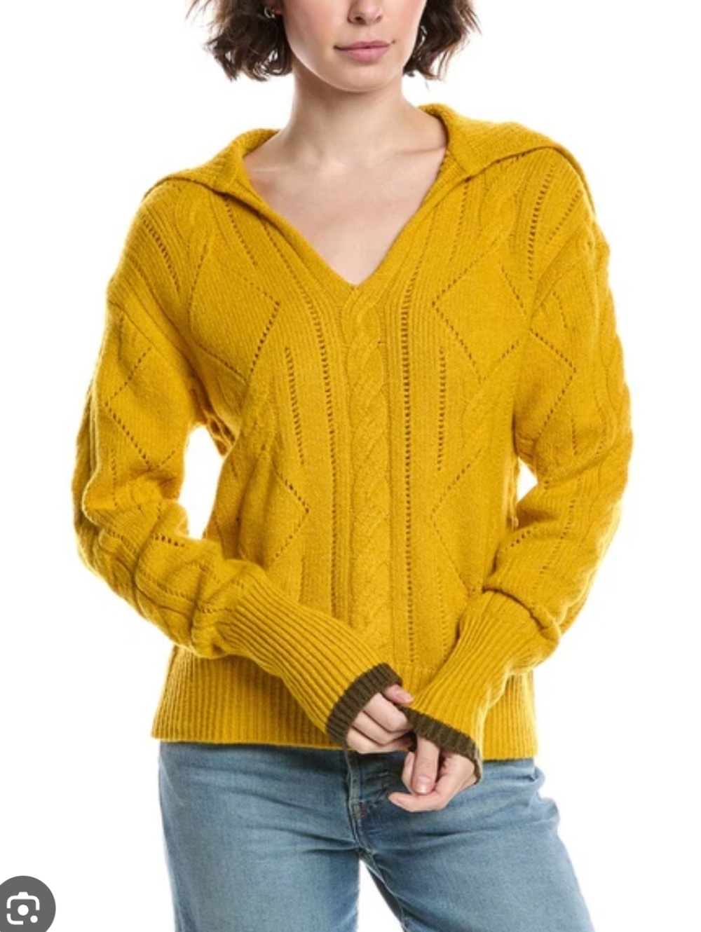 CAbi Mustard Yellow Cable Knit V-Neck Sweater_Med
